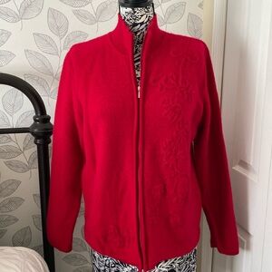 Karen Scott holiday red wool zip front cardigan with embroidery Valentine’s